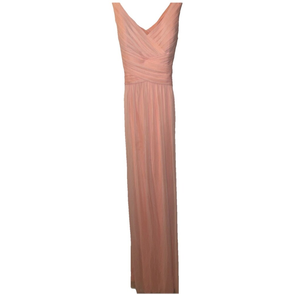 DAVIDS BRIDAL BRIDESMAIDS DRESS Peach Bellini strapless Cross Back Maxi Formal 8